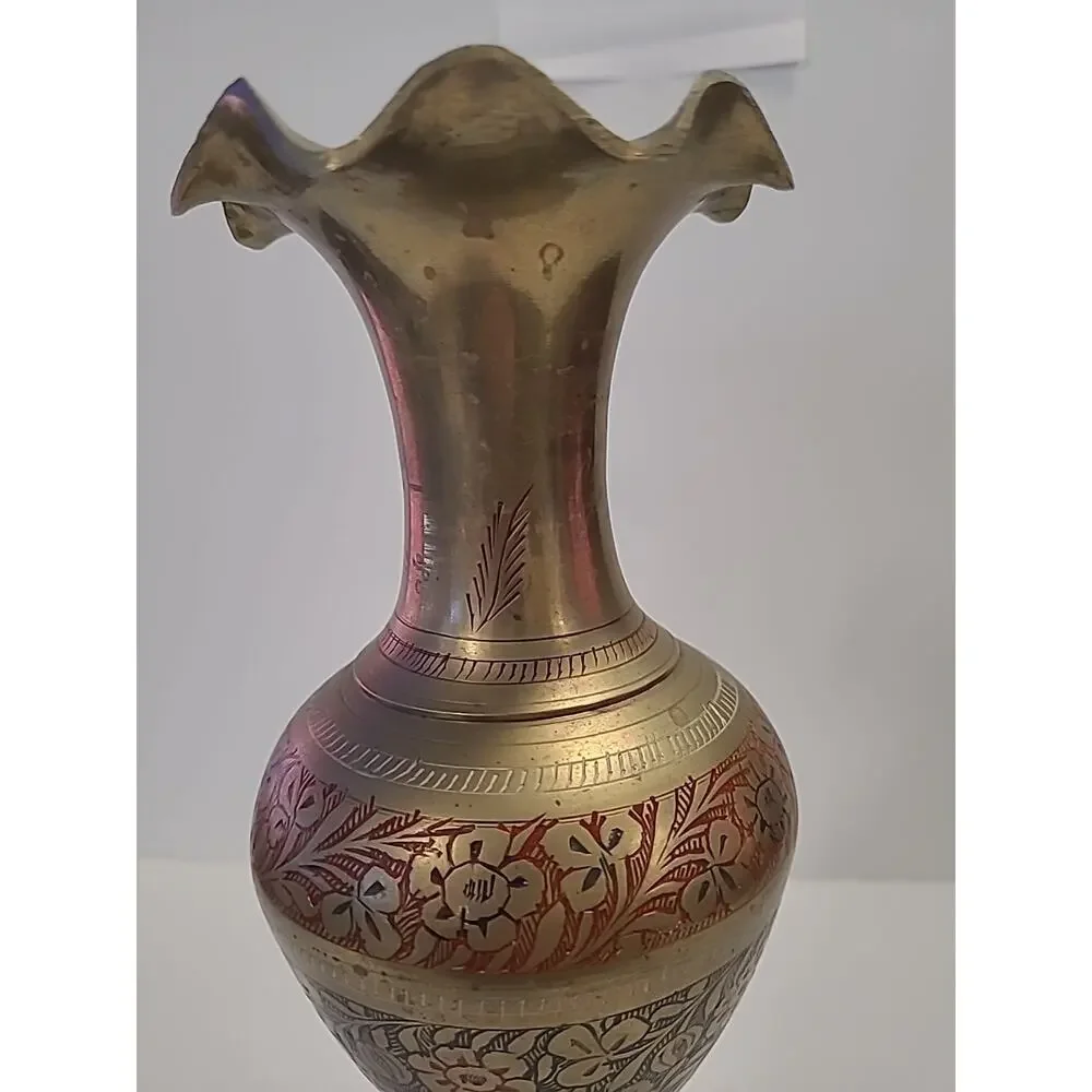 Vintage Brass Vase Handmade Etched Solid Floral Design Color Engraved Decor 12
